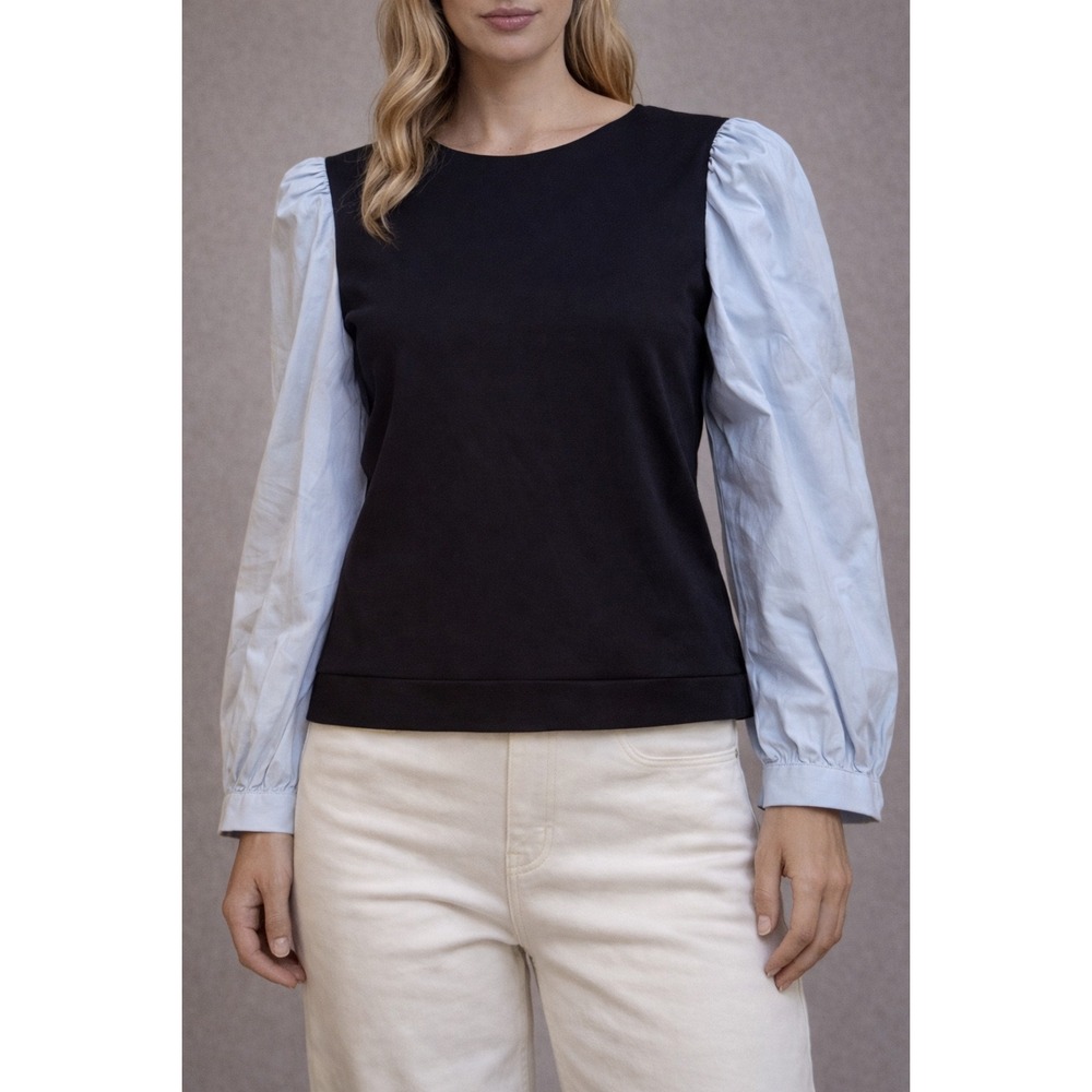 Tuckernuck‎ Mixed Media Puff Sleeve Top Black Blue XL Y24155T